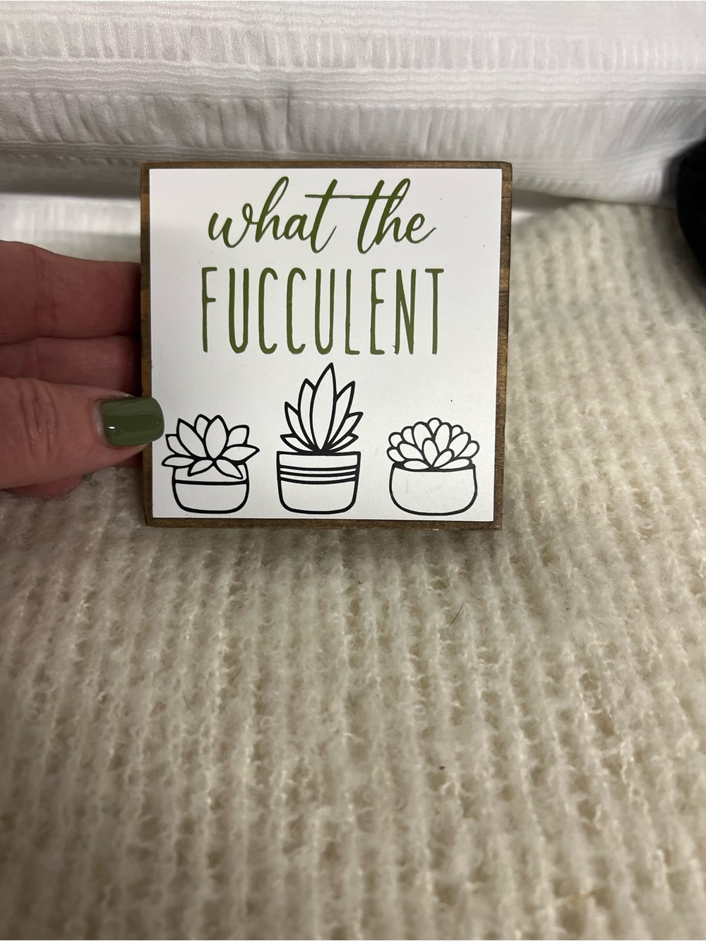 What The Fucculent Wooden Succulent Sign - White and Green